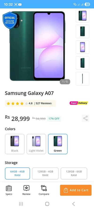 Samsung A07 4gb Ram 64gb Rom Pta official Approved
