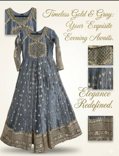 Grey & Gold Embroidered Net Maxi Frock