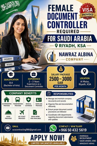 Female Document Controller Required for Saudi Arabia | Jobs | Visa