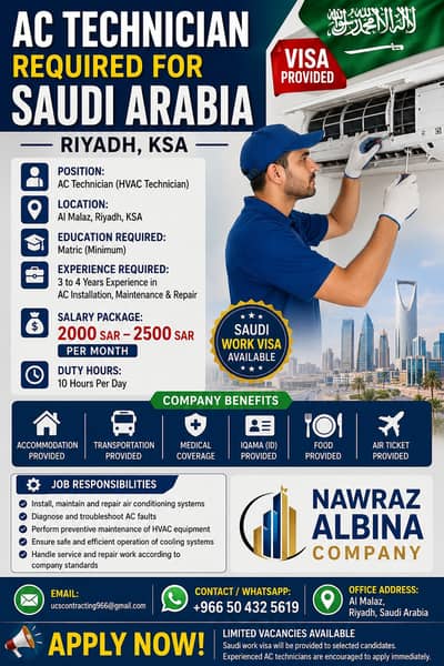 AC Technician Required for Saudi Arabia | Jobs | Visa Provided