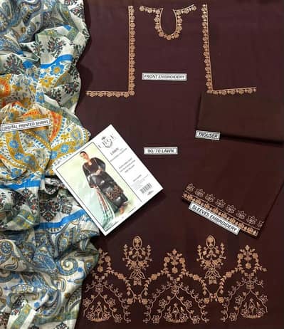 Brown Lawn 3-Piece Suit with Gold Embroidery & Digital Print Dupatta