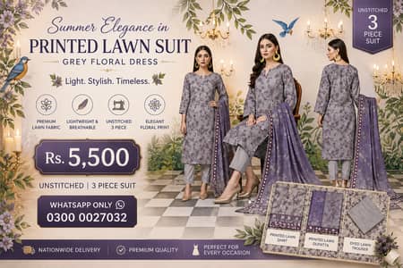 Unstitched Printed Lawn Suit Grey Floral Dress summer wear/Suit