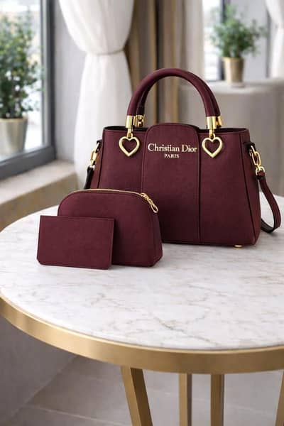 Maroon Leather 3-piece Woman's Handbag Set