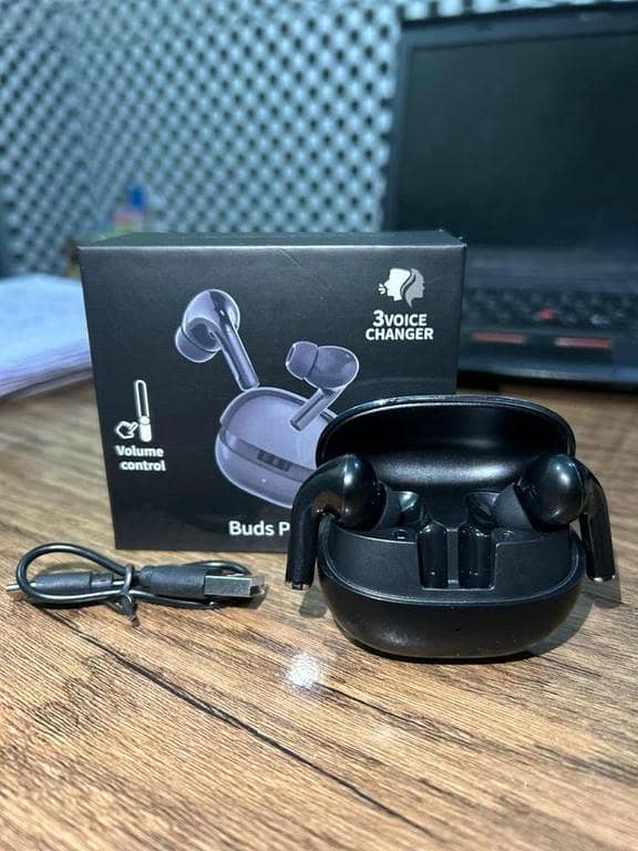 “Buds Pro Wireless Earbuds – 3 Voice Changer, HD Sound, Touch Control, Long Battery – With Charging Case”