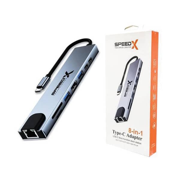 SPEEDX SP-TC801 8-in-1 USB Type-C Hub Aluminum Adapter with 4K HDMI, VGA, Gigabit Ethernet, USB 3.0, SD/TF Cards, and 60W PD