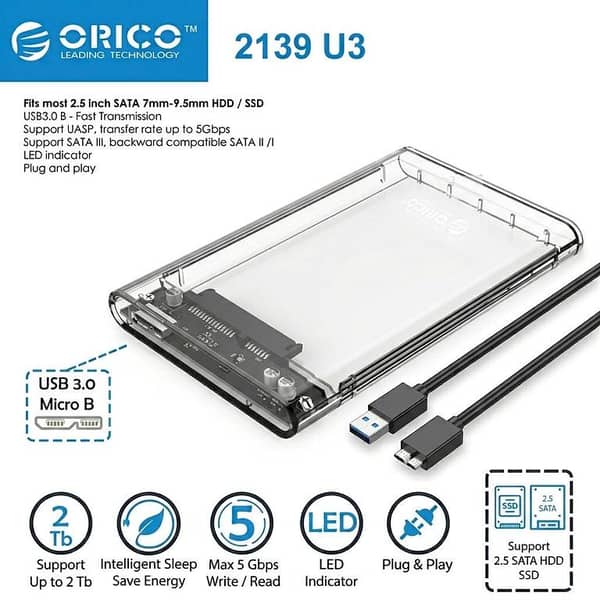 ORICO 2139U3-CR 2.5 Inch USB 3.0 External HDD/SSD Enclosure (SATA III) Crystal Transparent Case