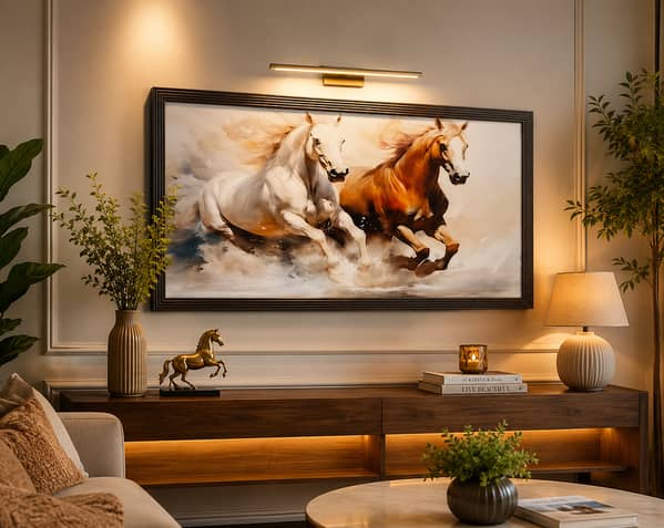 Modern Running Horses Wall Art with Frame (48 x 24 inches) for Living Room, Bedroom, or Office