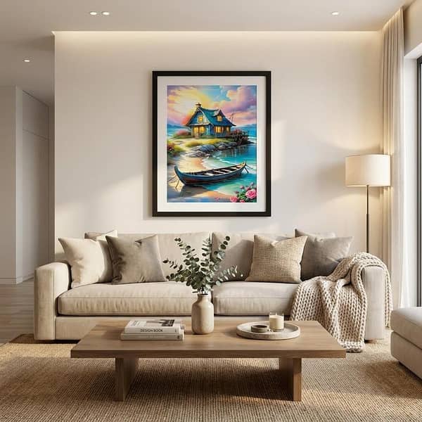 Elegant Sunset Cottage Wall Painting — Premium Framed Coastal Art (16 x 20 Inches)