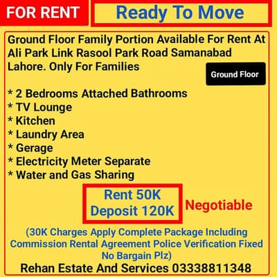 6Marla Ground Floor Family Portion For Rent At Link Rasool Park Lahore