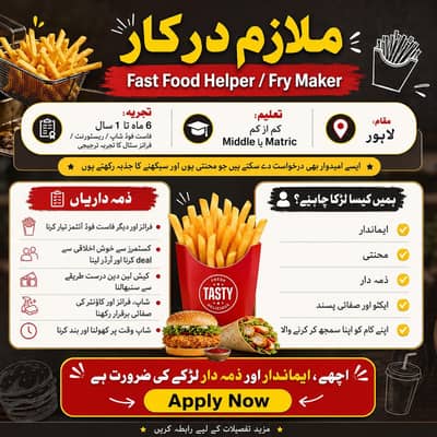 Fast Food Helper / Fry Maker Required in Lahore