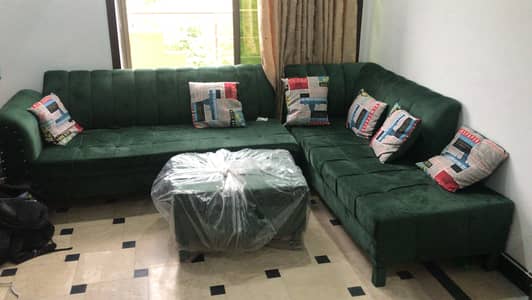 Green velvet L Shape Sofa Set with Center Ottoman – Like New