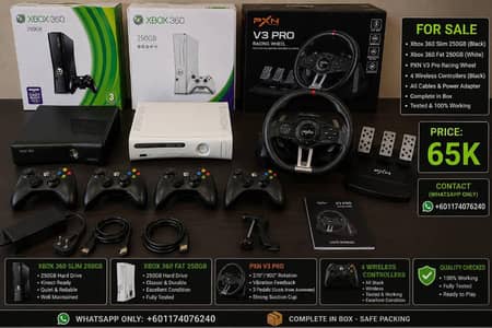 Xbox 360 slim 250GB + Fat 250GB + PXN V3 Pro Racing Wheel | 4 controlr