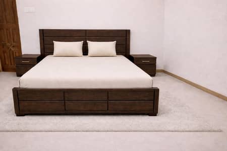 wooden bed set with two side tables