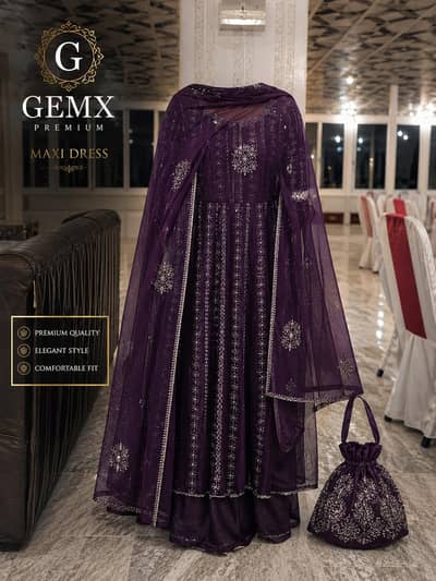 Elegant Purple Embellished Maxi Dress with Matching Potli Bag