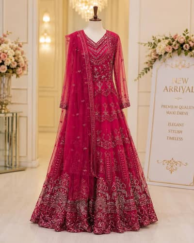 Luxury red Embroidered Maxi Dress with Net Dupatta