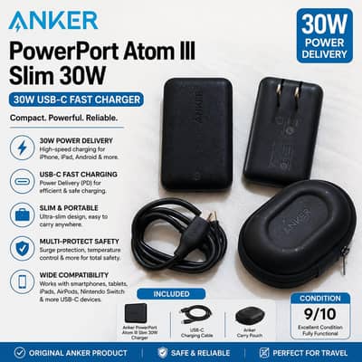 Anker PowerPort Atom III Slim 30W USB-C Charger with Cable & Pouch