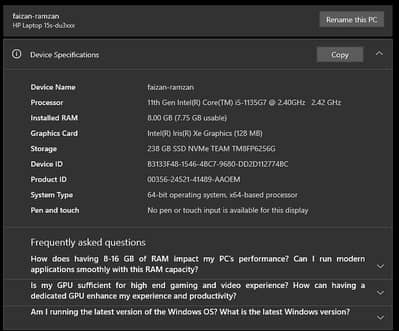 HP laptop core i5 11th gen 8Gb Ram 256 ssd