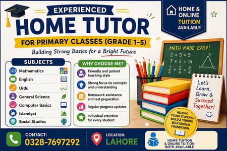 Home Tutor Available for Primary Classes (Grade 1–5)