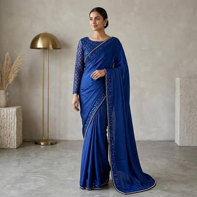 Blue Sequin Shamoz Silk Saree With Pearl Embroidery