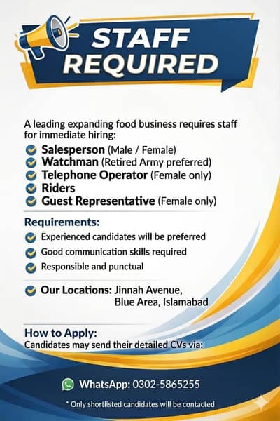 ​Staff Required for Food Business in Blue Area, Islamabad