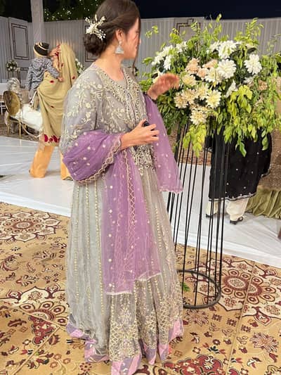 Gorgeous Heavily Embroidered Grey n purple wedding Maxi Suit worn once