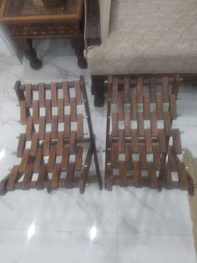 Pair of Wooden stoolsl with brass inlay