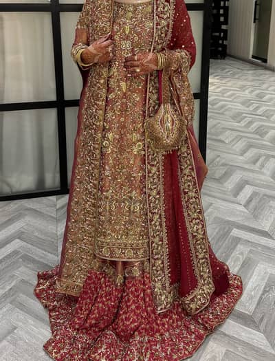 Bridal farshi lehnga (shirt, farshi full flare lehnga, dupatta).