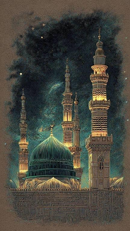 Premium Masjid-e-Nabawi Wall Frame 16 x 36 Inches – Islamic Wall Art with Green Dome for Home and Office