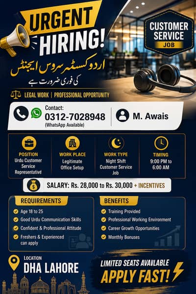 “Urdu Customer Service Agents Required” “ Legal Work” “ Profession