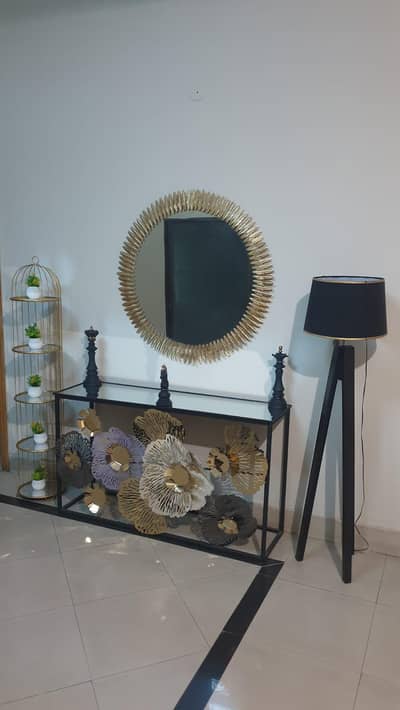 Modern Console Table with Designer Round Mirror & Stylish Floor Lamp