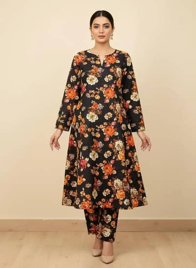 women unstitched printed suit black 2 pics micro polo cotton