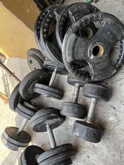 Home used bench press machine plates and dumbels etc