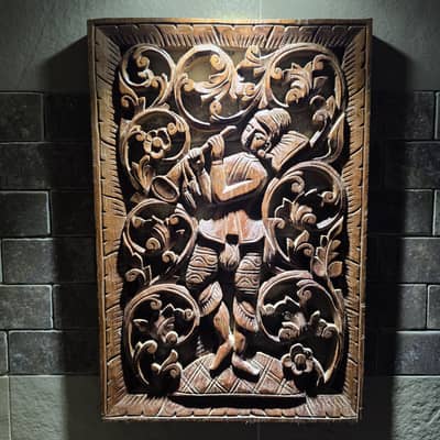 Vintage Hand Carved Solid Wood Wall Art Panel 12x17.5 Inch