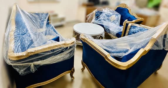 Royal Blue Velvet Sofa Set | Luxury Wooden Sofa for TV Lounge