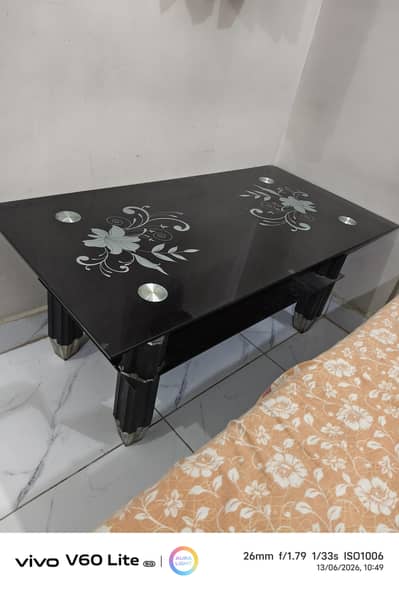 Black Glass Coffee Table with Floral Design