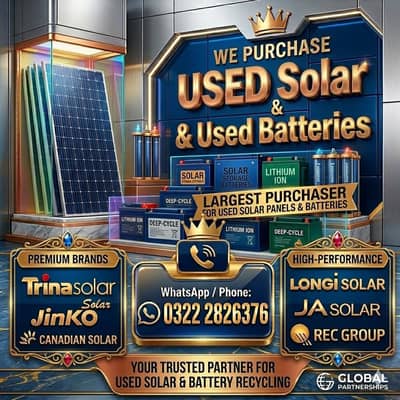 We buy ues solar panels. Batteries Any brand Any Quantity