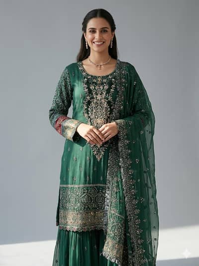 3 PC sticed dress embroidered nd heavy work established shirt trousers