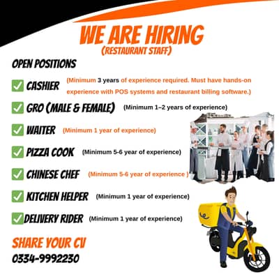 Cashier Job, Gro, Waiter, Pizza Cook, Delivery Rider
