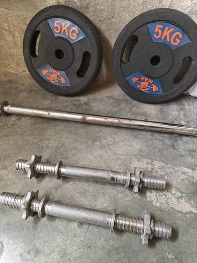 Gym weight set for sale barbell +dumbbell+ 10 kg plates +6kg plates