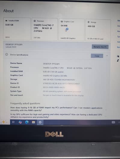 Dell Latitude E6410 Core i7 8ram 466gb Memory