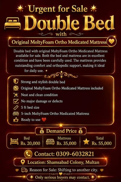 Urgent for sale Double Bed with Moltyfoam Ortho Medicated Mattress