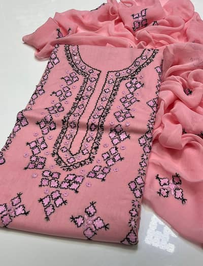  Elegant Pink Embroidered 3-Piece Suit with Chiffon Dupatta 