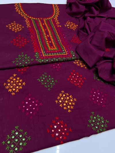  Premium Maroon Embroidered 3-Piece Suit with Matching Dupatta 