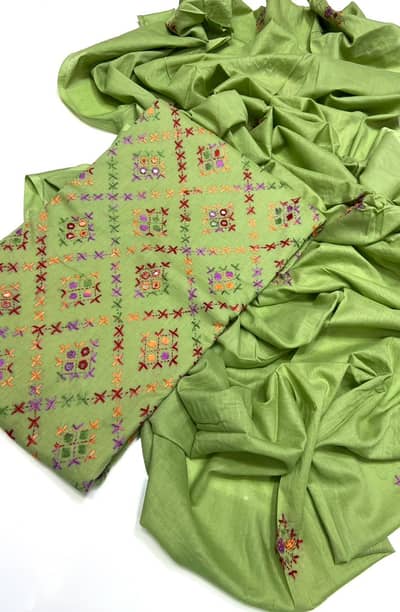  Elegant Pistachio Green Embroidered 3-Piece Suit with Matching Dupa