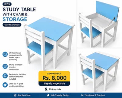 Kids Study Table & Chair with Storage Box – Solid Wood