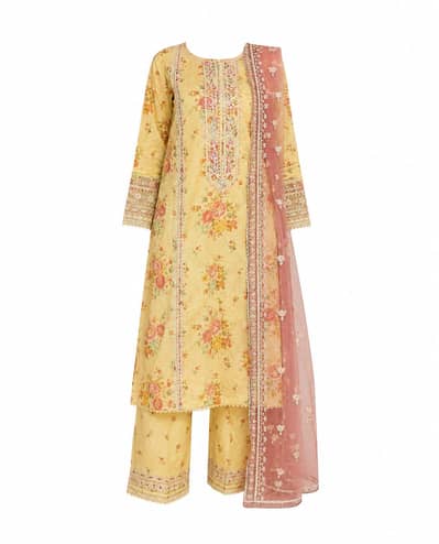 Batik Pastel Yellow Embroidered 3-Piece Suit