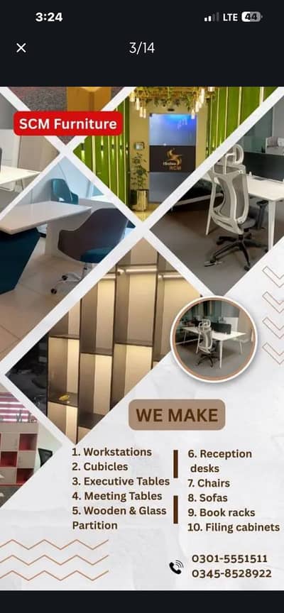 Workstations, executive tables. Reception, conference tables