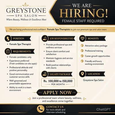 Need Female Spa Therapist Jobs Greystone Spa Salon 100K To 150K PKR