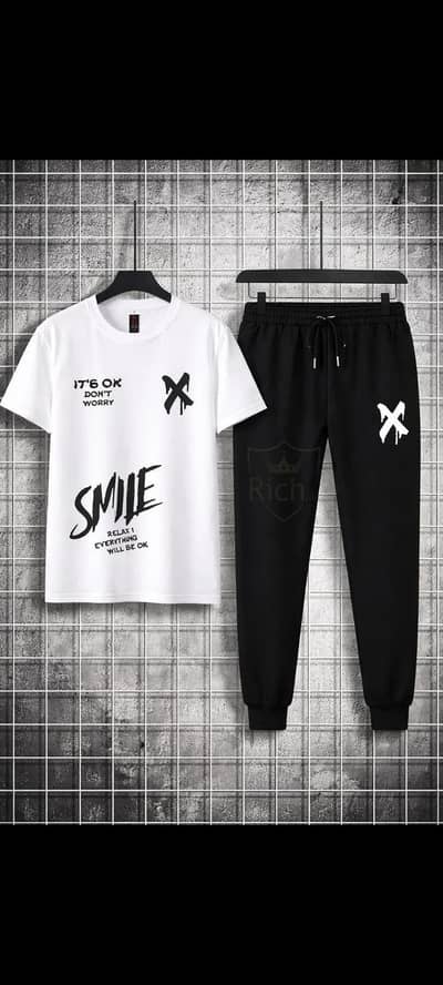 Men Printed Graphic Track Suit White Black Cotton 2pcs Set