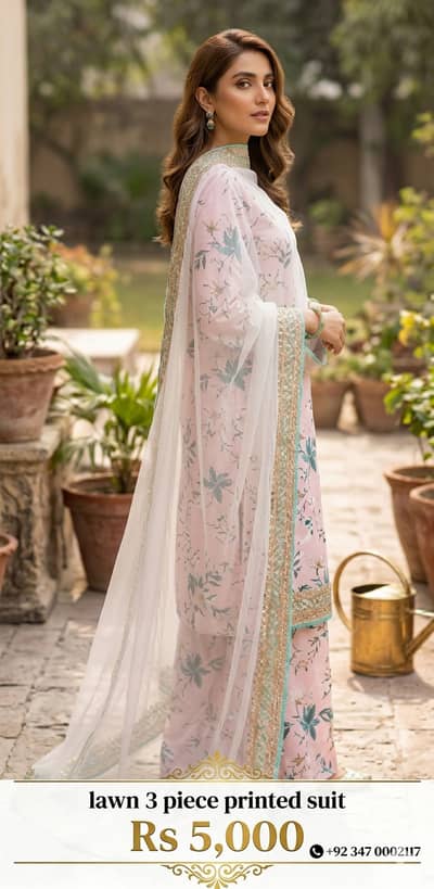 3 Piece Lawn Printed Suit with Organza Sequence Work Dupatta | Suit